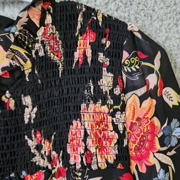 Loft Women's Long Sleeve Smocked V Neck Flowy Blouse Top Black Floral Size S - Picture 3 of 14